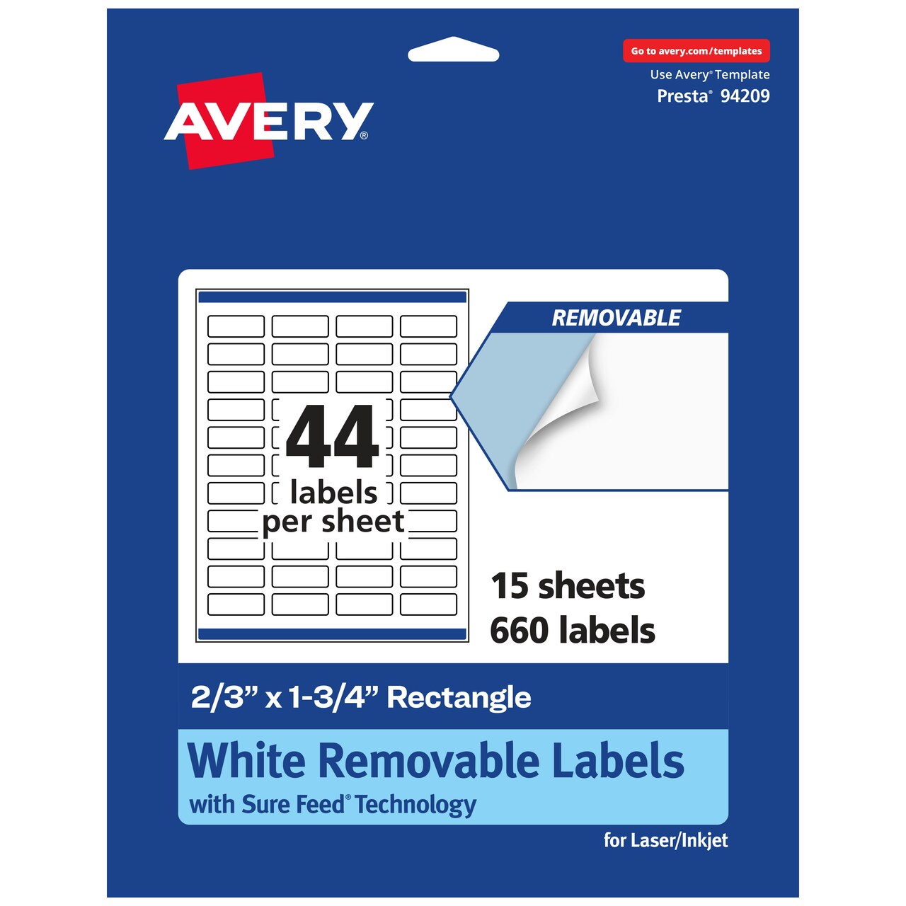 Avery Matte White Removable Rectangle Labels with Sure Feed Technology, Print-to-the-Edge, 2/3" x 1-3/4"